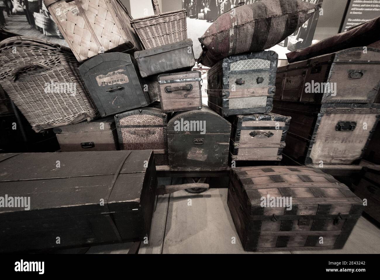 vintage, antique luggage, suitcases and trunks stacked together Stock