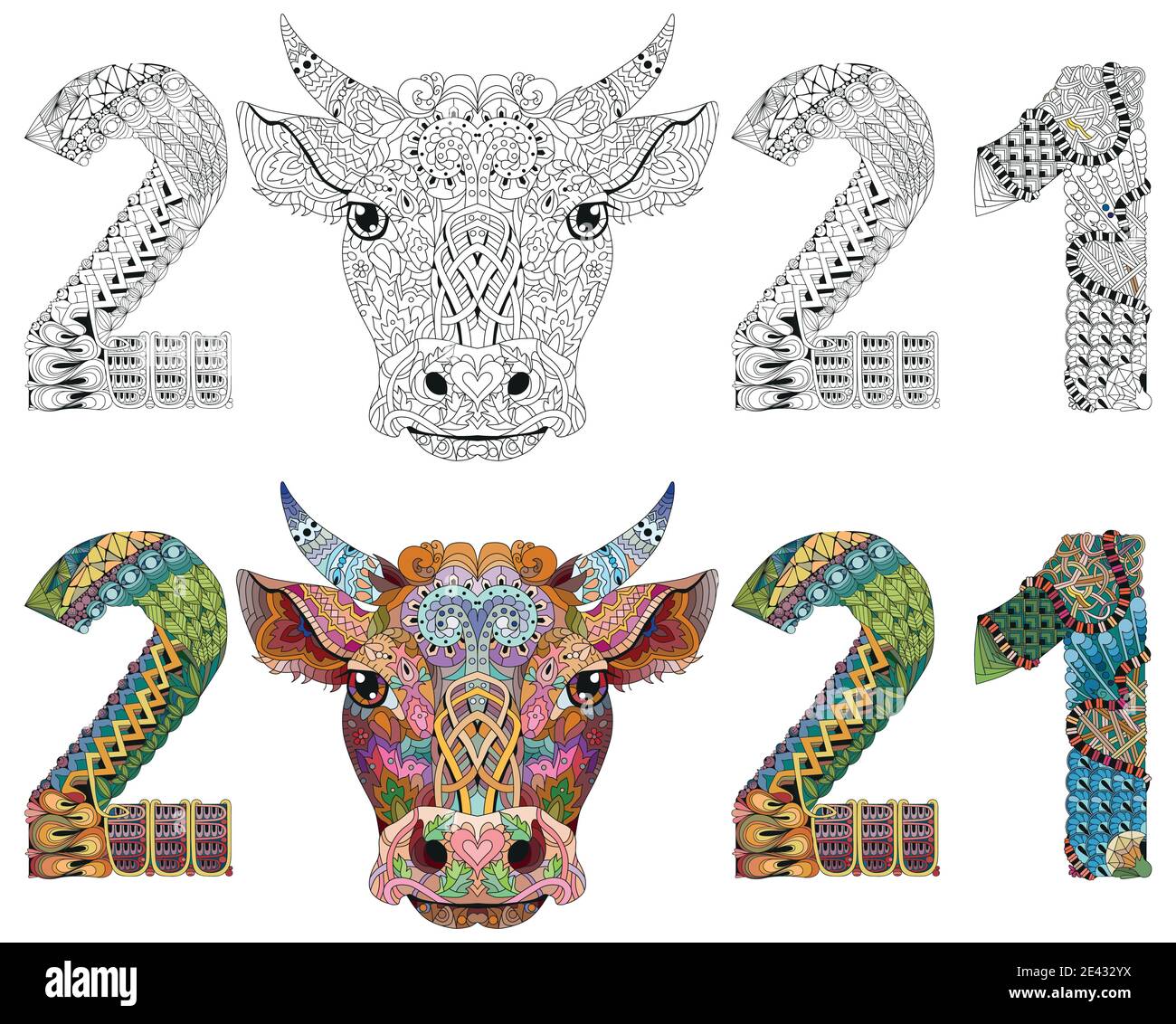 Hand drawn zentangle bull number 2021 for t-shirt and other decorations. Color and outline set Stock Vector