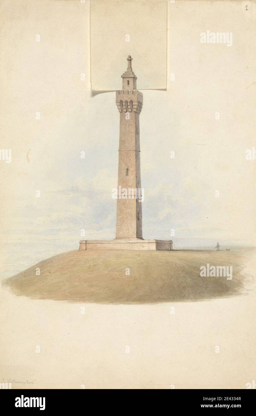 Lewis Vulliamy, 1791â€“1871, British, Variant Designs for the Somerset Monument: Elevation, undated. Watercolor and graphite with pen and black ink on smooth, thick, cream wove paper.   architectural subject , column (architectural element) , folly , monument , tower (building division). Burton Pynsent Monument , Curry Rivel , England , Somerset , United Kingdom Stock Photo