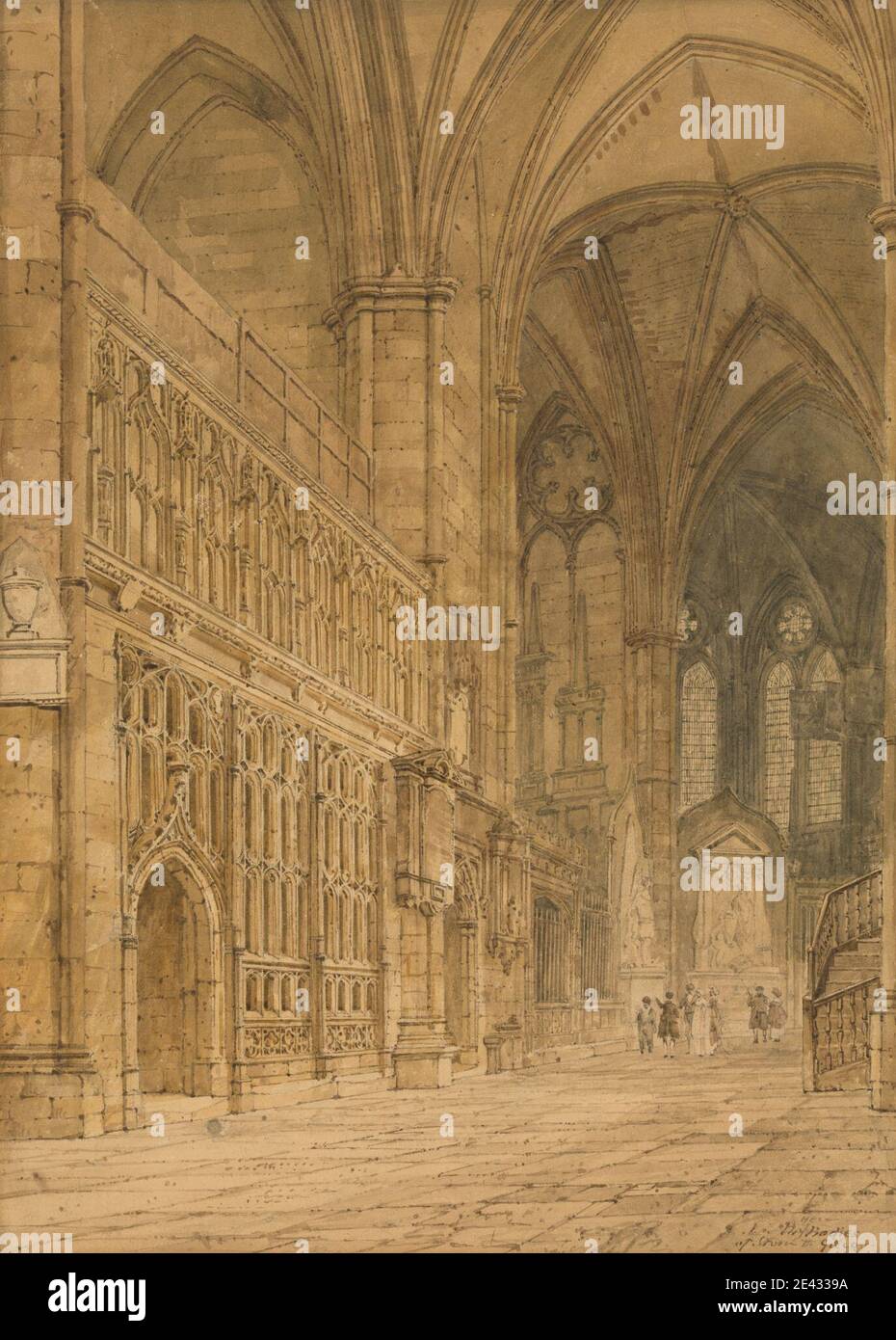 Frederick Nash, 1782–1856, British, Ambulatory, Westminster Abbey, undated. Watercolor and graphite with pen and brown ink on medium, slightly textured, cream wove paper mounted on moderately thick, slightly textured, cream wove paper.   abbey , ambulatory , arches , architectural subject , blind arches , chapel , church , Gothic architectural decoration , Gothic churches , Gothic interior decoration , interior (space) , mullions , niches , people , pillars , rib vaults , rose windows , tombs , vaulted ceilings. City of Westminster , England , Europe , Greater London , London , United Kingdom Stock Photo