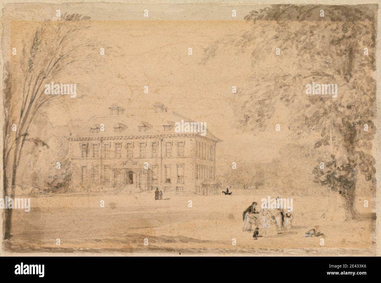 John Preston Neale, 1771/80â€“1847, British, Kingston Lacy, Dorset, undated. Brown wash, graphite, and white gouache with pen and brown ink on medium, slighlty textured cream wove paper mounted on very thick, smooth, card.   architectural subject , country house , genre subject , park (grounds) , people , picnic , trees. Dorset , England , Europe , United Kingdom , Wimborne Minster Stock Photo