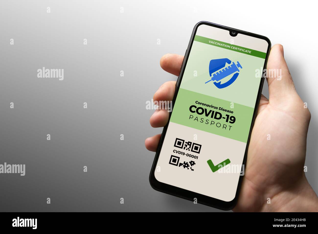 Vaccination passport for COVID-19 displayed on smartphone held in male's hand. Vaccination, disease immunity passport, health and surveillance concept Stock Photo