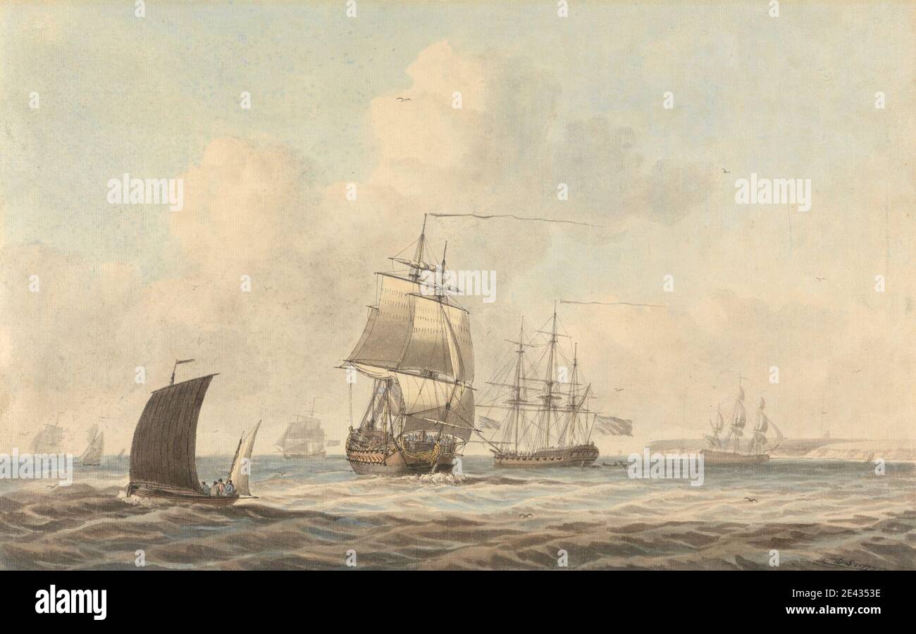 Dominic Serres RA, 1722–1793, French, active in Britain (from the 1750s), Warships Passing in the Channel, undated. Watercolor with pen and black ink on moderately textured, medium, cream laid paper. sea , seamen , ships Stock Photo