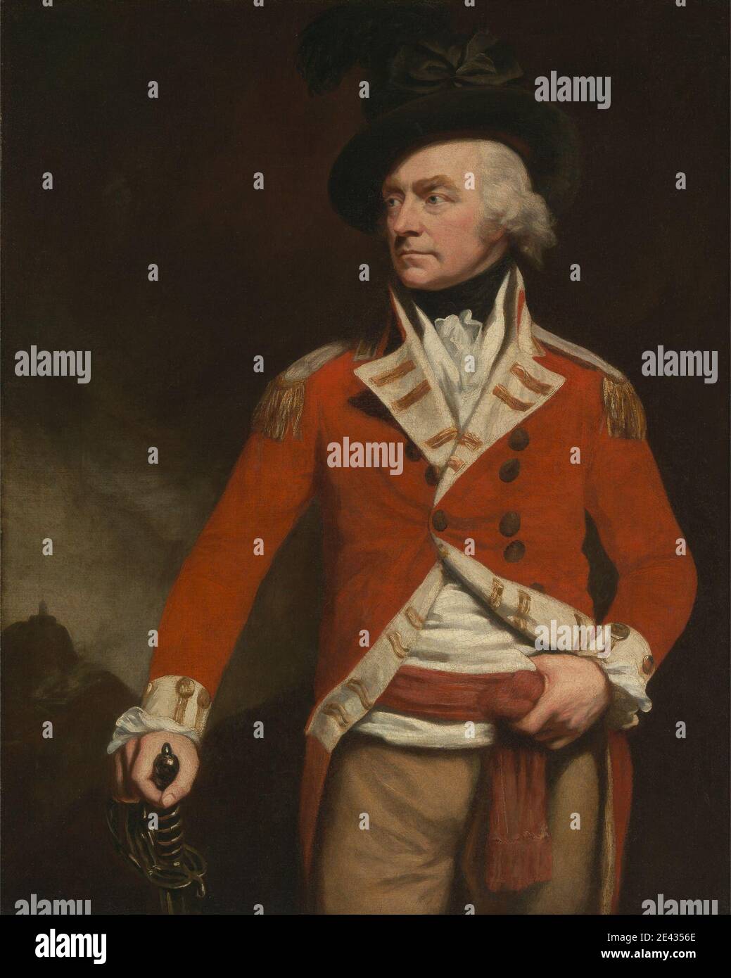 John Opie, 1761â€“1807, British, Colonel Donald MacLeod of St. Kilda, ca. 1796. Oil on canvas.   colonel , costume , man , military art , officer (military officer) , portrait , smoke , soldier , uniform. MacLeod, Colonel Donald of St. Kilda (died ca. 1796), East India Company officer, married to Diana MacDonald of Tormore, Inverness-shire Stock Photo