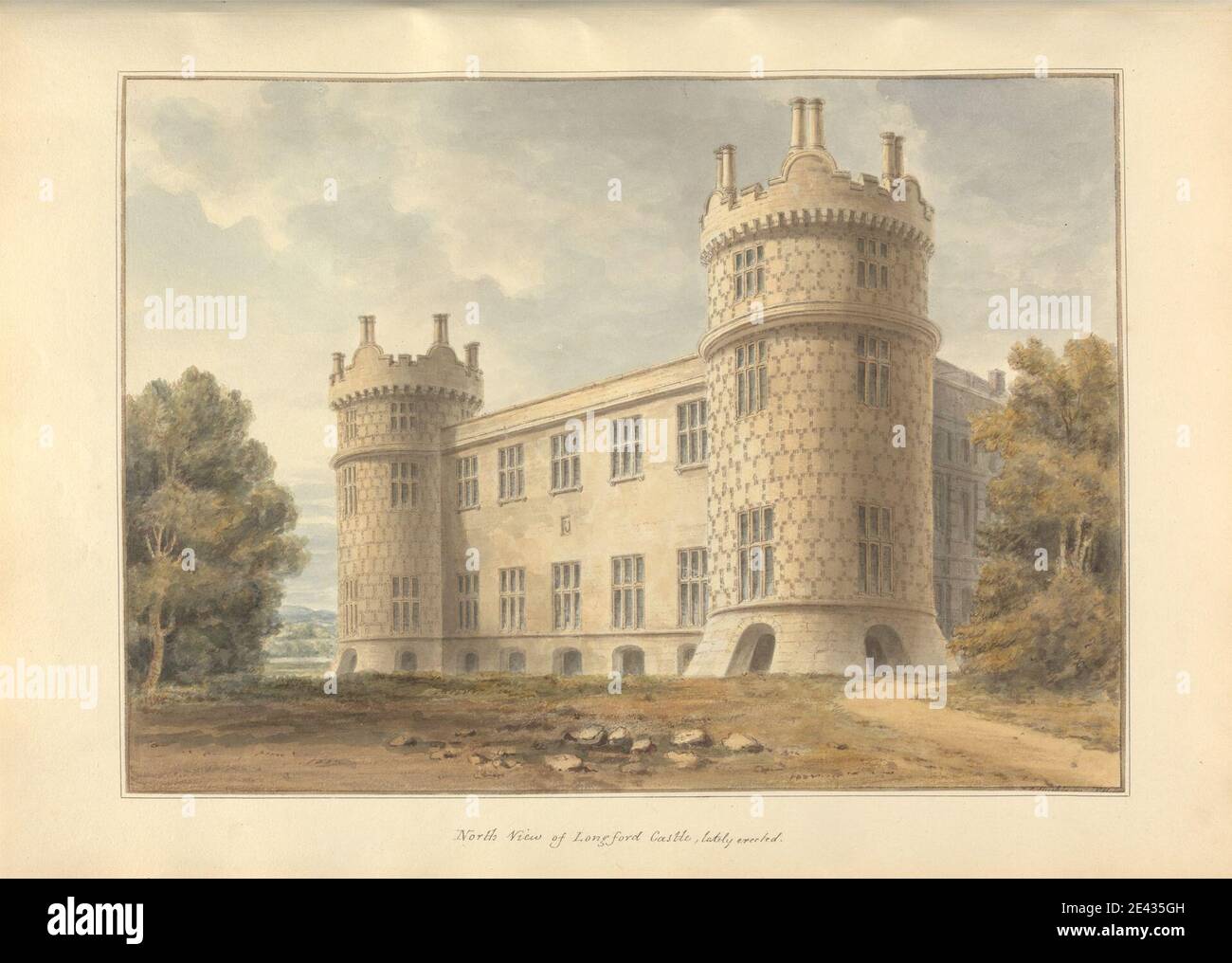 John Buckler FSA, 1770â€“1851, British, North view of Longford Castle, lately erected, 1811. Watercolor and pen and black ink on moderately thick, cream wove paper.   architectural subject , battlements , castle , country house , mullions , towers , windows. England , Europe , Salisbury , United Kingdom , Wiltshire Stock Photo