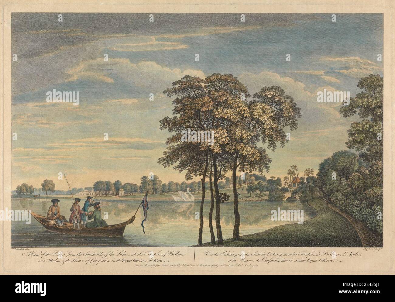 Pierre Charles Canot, ca. 1710â€“1777, French, active in Britain, A View of the Palace from the South side of the Lake with the Temples of Bellona and AEolus and the House of Confucius in the Royal Gardens at Kew, ca. 1764. Hand-colored engraving.   lake , landscape , park (grounds) , temples. Europe , Europe , London , Royal Botanic Gardens, Kew , Temple of AEolus , Temple of Bellona Stock Photo