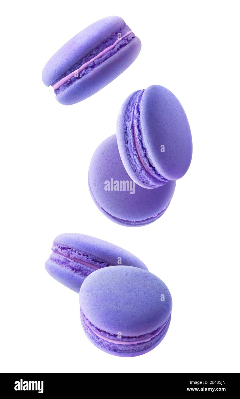 Isolated blue macaroons. Five blueberry or blackberry macaroons falling down over white background Stock Photo