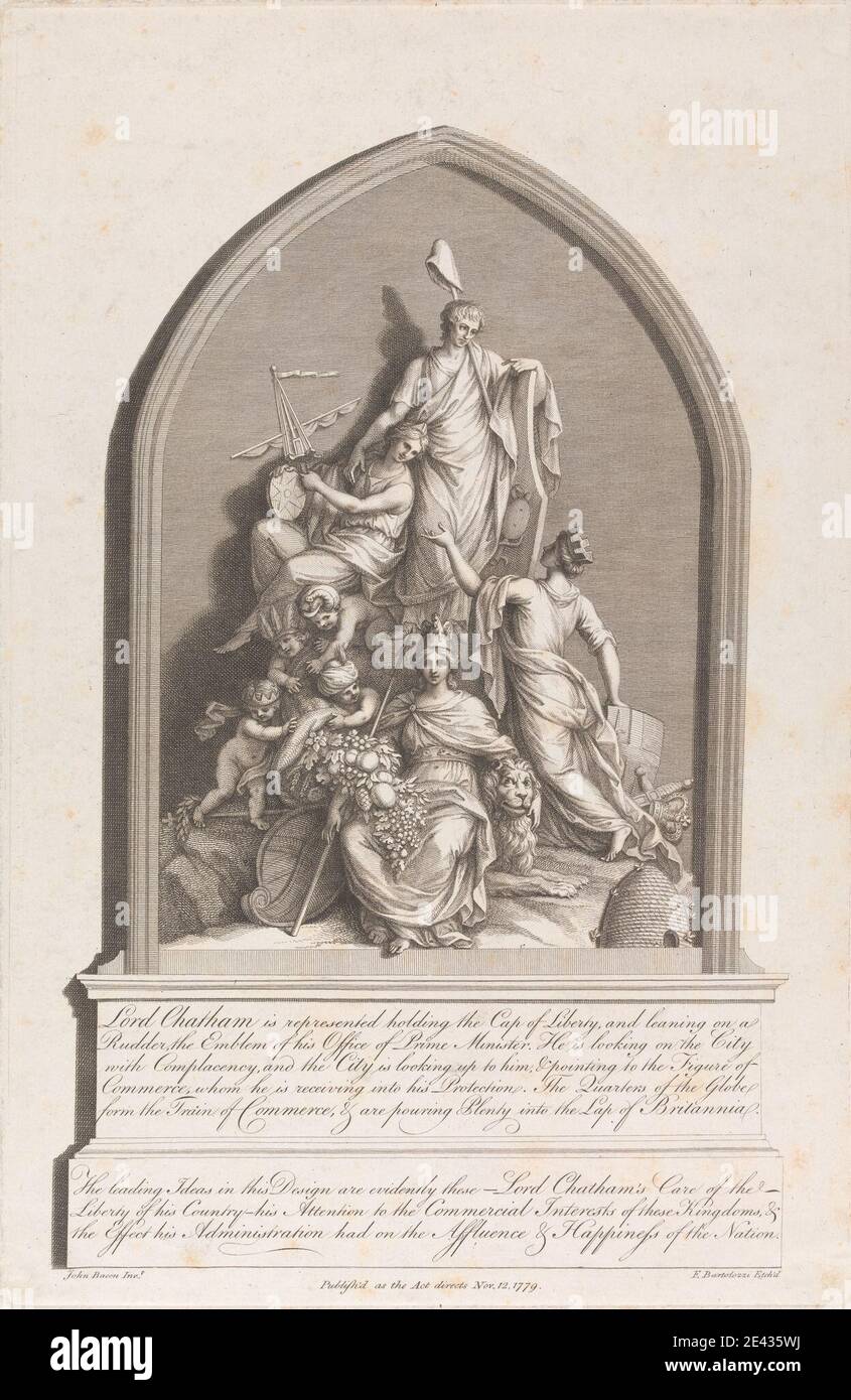 Francesco Bartolozzi RA, 1728â€“1815, Italian, active in Britain (1764â€“99), Lord Chatham is represented Holding Cap of Liberty, 1779. Engraving. Stock Photo