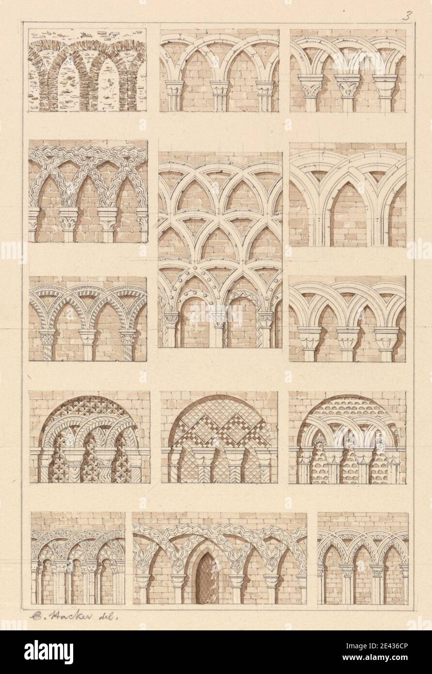 C. Hacker, Arcades: of Interlaced Mouldings, 1830. Pen and brown ink, graphite and brown wash on medium, slightly textured, cream wove paper.   arcades , architectural subject Stock Photo