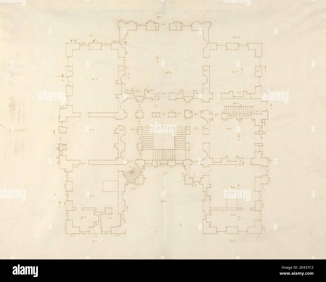 Sir John Vanbrugh, 1664–1726, British, Kings Weston, Bristol: Ground Floor Plan, ca. 1710. Pen and brown ink on medium, slightly textured, white wove paper bar scale of 1/8 inch to 1 foot. architectural subject , Baroque , country house , floor plans , Palladian. Bristol. Vanbrugh, Sir John (1664–1726), playwright and architect Stock Photo