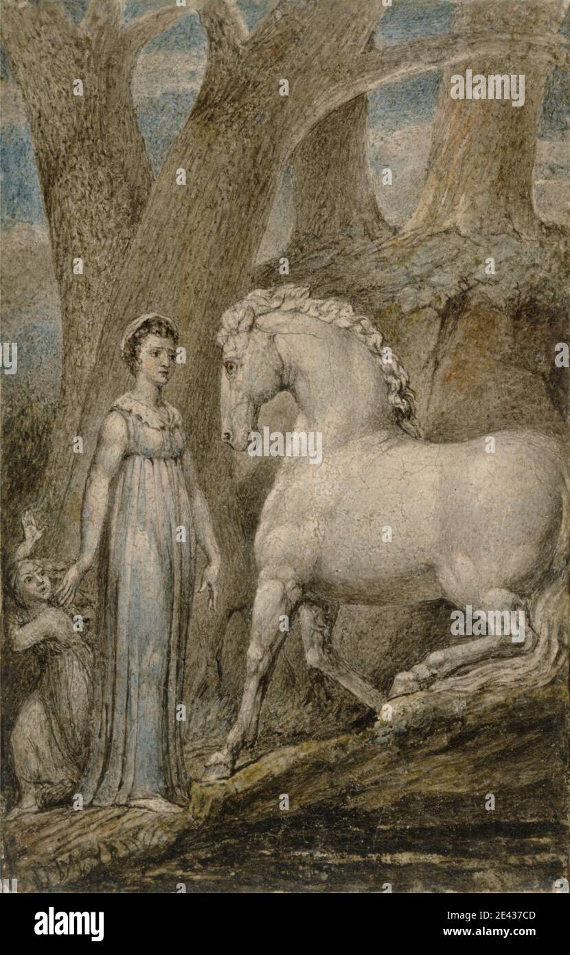 William Blake, 1757â€“1827, British, The Horse, ca. 1805. Tempera with pen  and black ink on a copper engraving plate. child , fear , horse (animal) ,  literary theme , romanticism , trees , woman Stock Photo - Alamy
