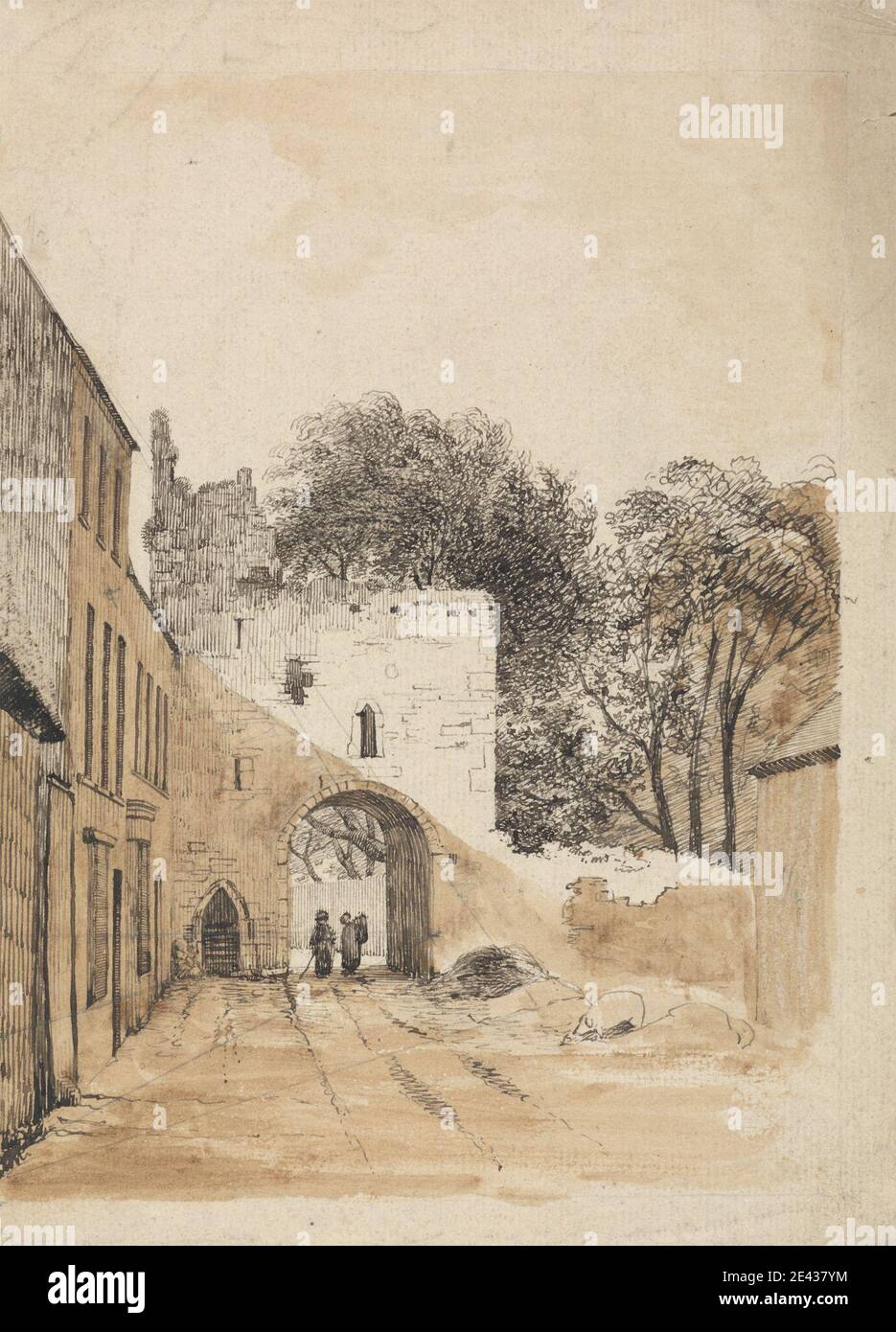 Thomas Crofton Croker, 1798â€“1854, British, Ruined Gateway at Kilmallock, undated. Pen and black ink, pen and brown ink, brown wash, and graphite on medium, slightly textured, cream laid paper.   arch , architectural subject , buildings , cityscape , figures , trees Stock Photo