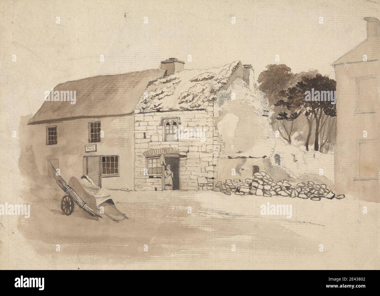 Thomas Crofton Croker, 1798â€“1854, British, Houses at Kilmallock, undated. Pen and black ink, brown ink, brown wash, and graphite on medium, moderately textured, beige laid paper.   architectural subject , figure , houses , rubble , trees. Europe , Kilmallock , Limerick Stock Photo