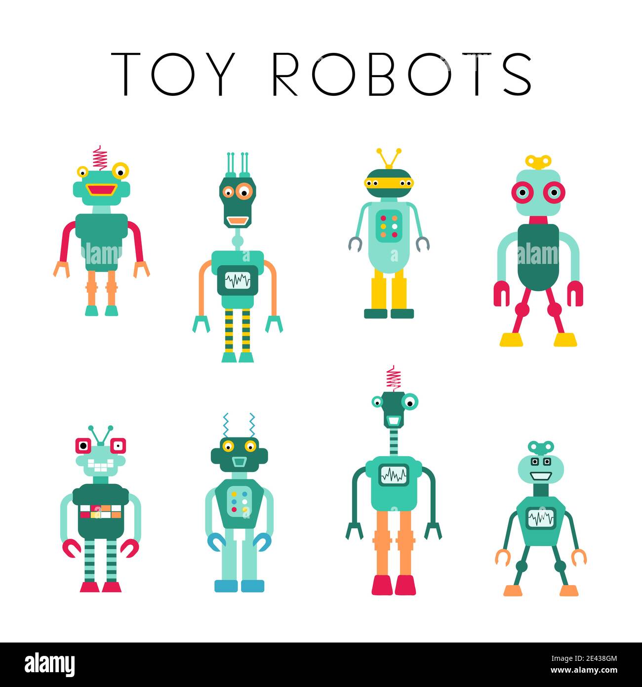 Toy robots vector collection. Retro style cute robot character