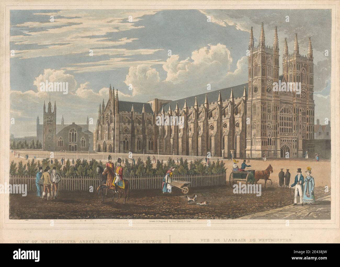 Robert Havell, 1769â€“1832, British, View of Westminster Abbey and St. Margaret's Church. Aquatint, hand-colored. Stock Photo