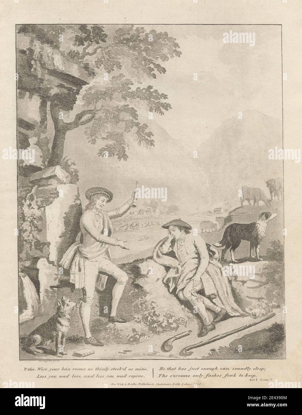 Print made by David Allan, 1744â€“1796, British, born in Scotland, Patie Rebukes Roger, 1808. Etching and aquatint on moderately thick, moderately textured, cream wove paper.   canes , cattle , comedy , costume , dogs (animals) , genre subject , gesture , hills , houses , illustration , jackets , men , pastoral , peasants , plaid , poem , recorder , resting , river , sash , sheep , shepherds , tams , trees , waterfall. Europe , Scotland , United Kingdom Stock Photo
