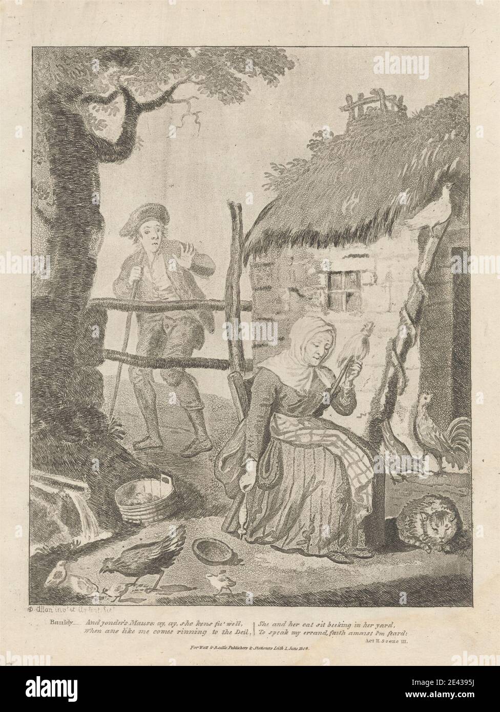Print made by David Allan, 1744â€“1796, British, born in Scotland, Bauldy and Mause, 1808. Etching and aquatint on moderately thick, slightly textured, cream wove paper.   apron (main garment) , bowl , breeches , cap , cat (domestic cat) , chair , chickens , chicks , chimney , cottage , distaff , dress , farming , fence , genre subject , gesture , gutter (roadside element) , hut , illustration , jacket , kerchief , man , pastoral , peasants , poem , pole , rooster , spinning , staff , stream , thatched roof , tree , tub , waistcoat , woman. Europe , Scotland , United Kingdom Stock Photo