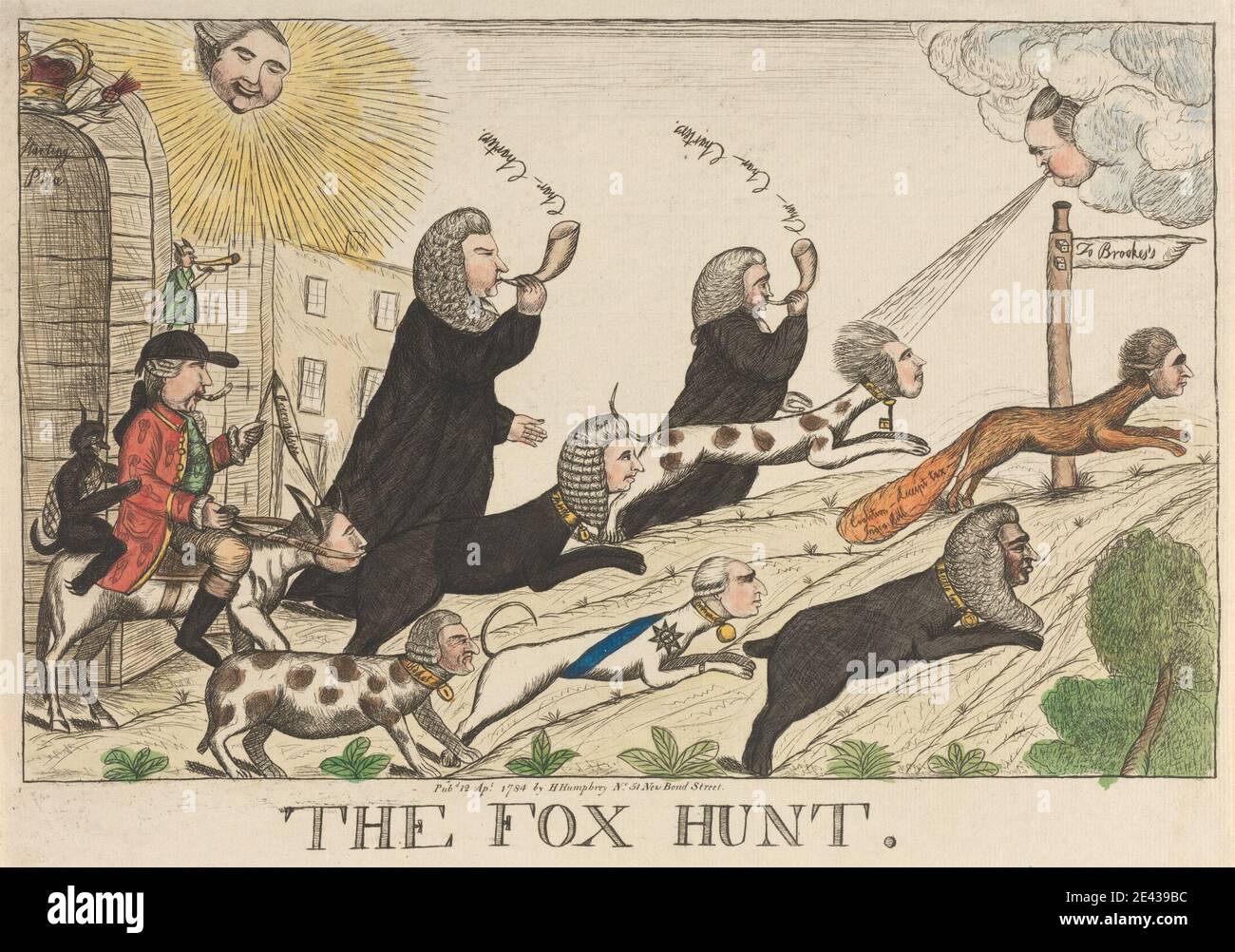William Dent, active 1784â€“1793, The Fox Hunt, 1784. Etching with watercolor on laid paper. Stock Photo