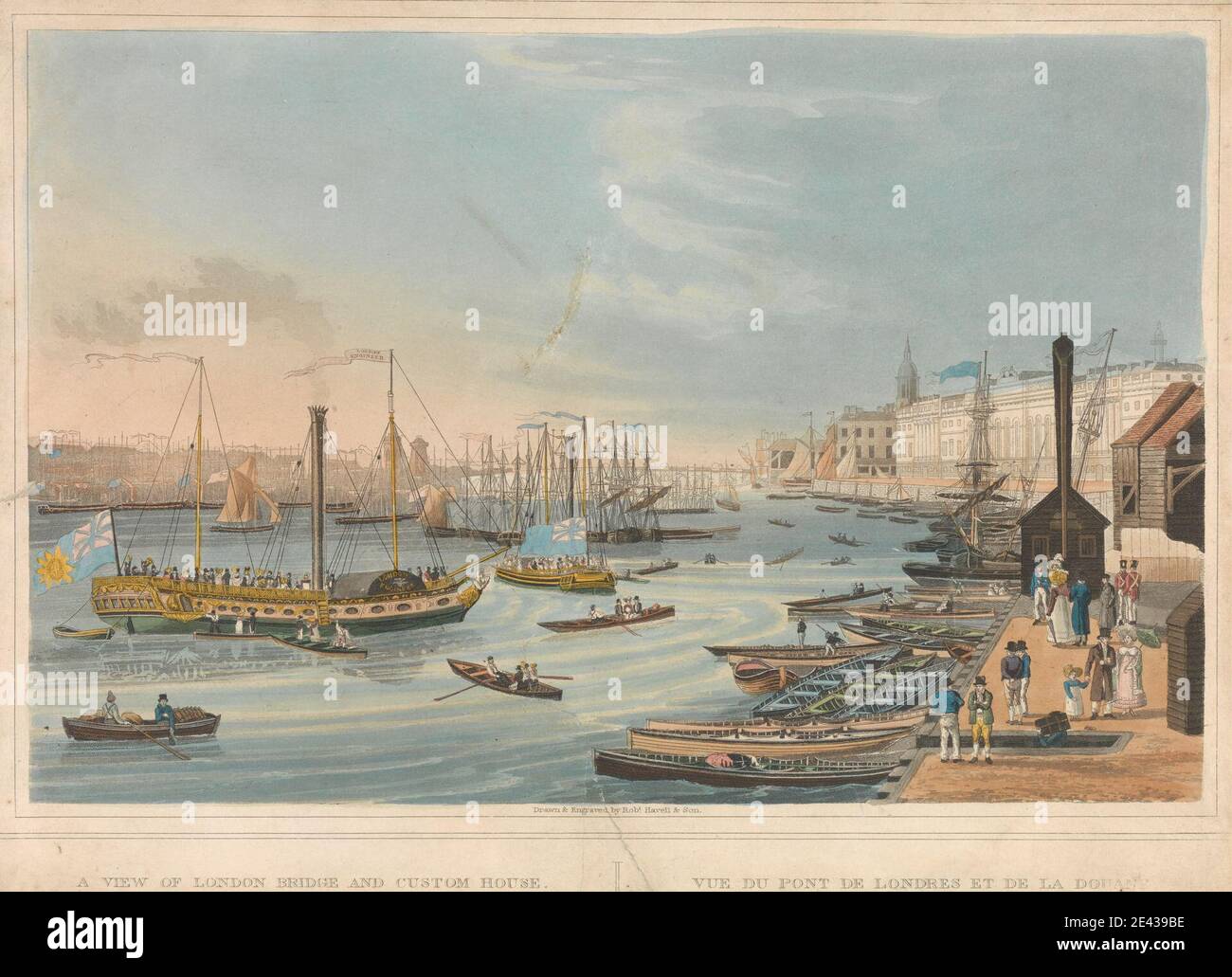 Robert Havell, 1769â€“1832, British, A View of London Bridge and Custom House. Aquatint, hand-colored. Stock Photo