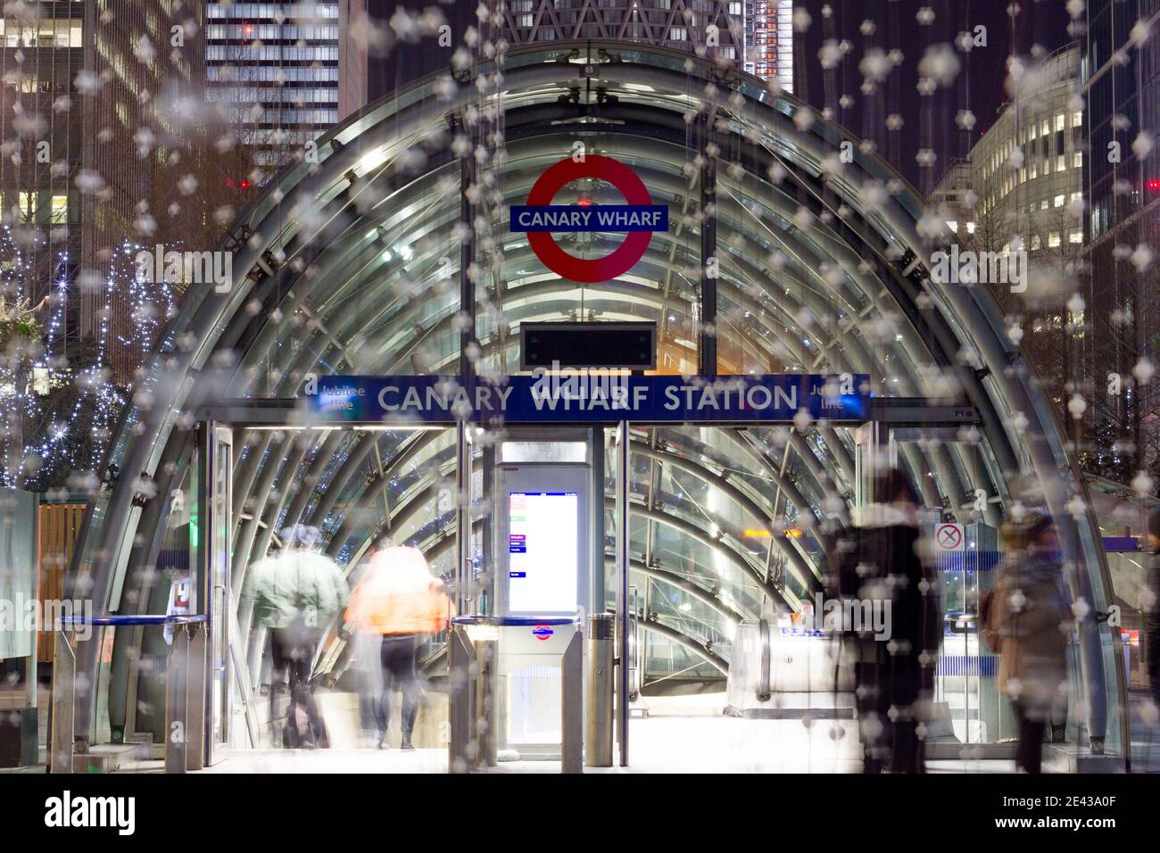 Canary wharf station under snow flakes like lighting display Stock Photo