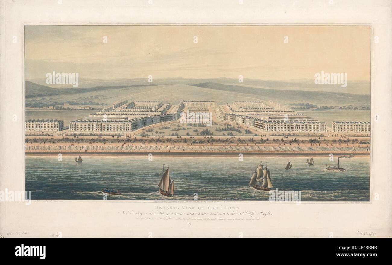 Matthew Dubourg, active 1786â€“1838, British, General View of Kemp Town now Erecting on the Estate of Thomas Read Kemp, on the East Cliff, Brighton after Wilds and Busby, 1824. Colored aquatint. Stock Photo