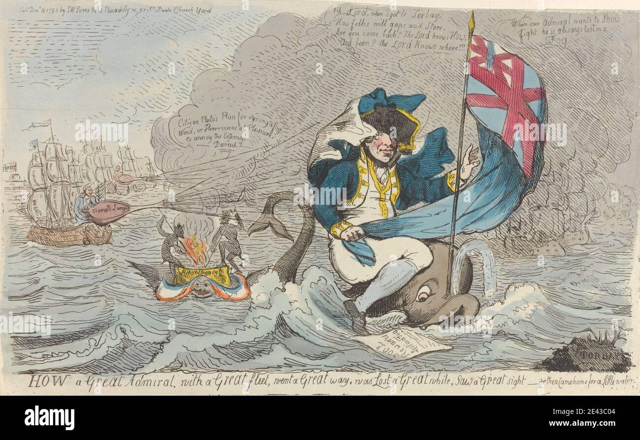 (?) Isaac Cruikshank, 1756â€“1810, British, How a Great Admiral, with a Great Fleet, went a Great Way, was Lost a Great While, saw a Great Sight - And then came Home for a Little Water, 1793. Etching, hand-colored. Stock Photo