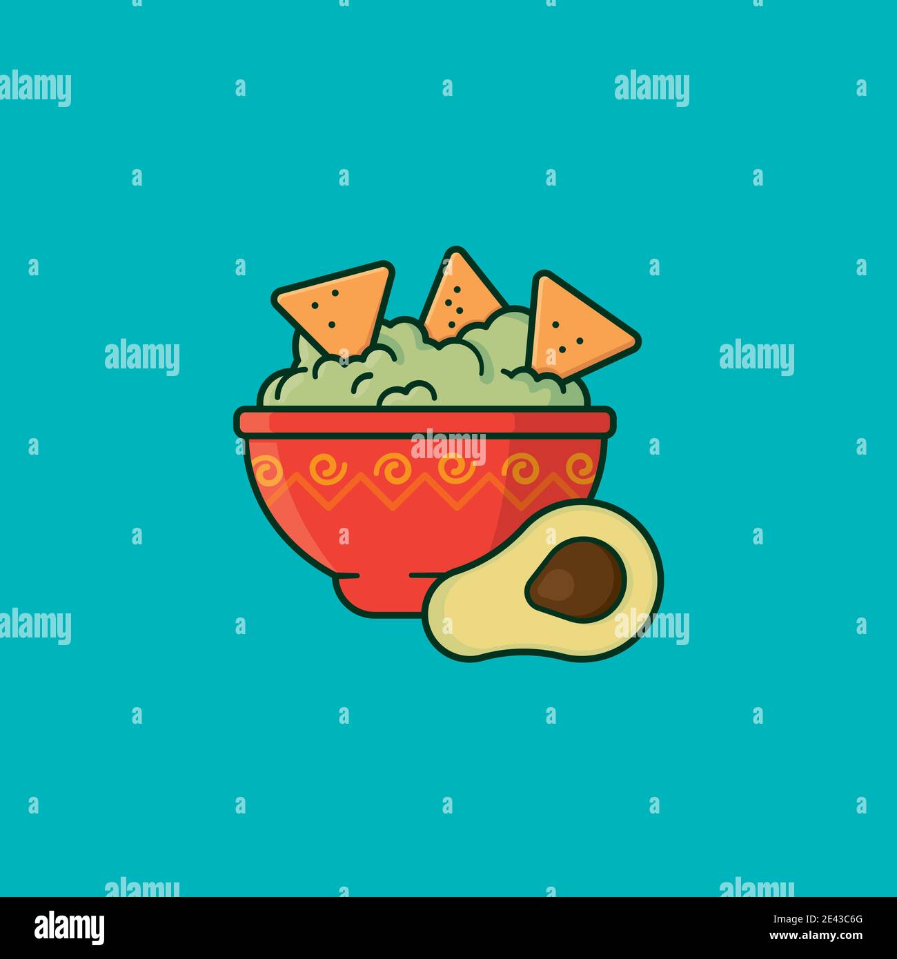 Bowl of Guacamole with tortilla chips and half Avocado vector illustration for Guacamole Day on September 16. Stock Vector