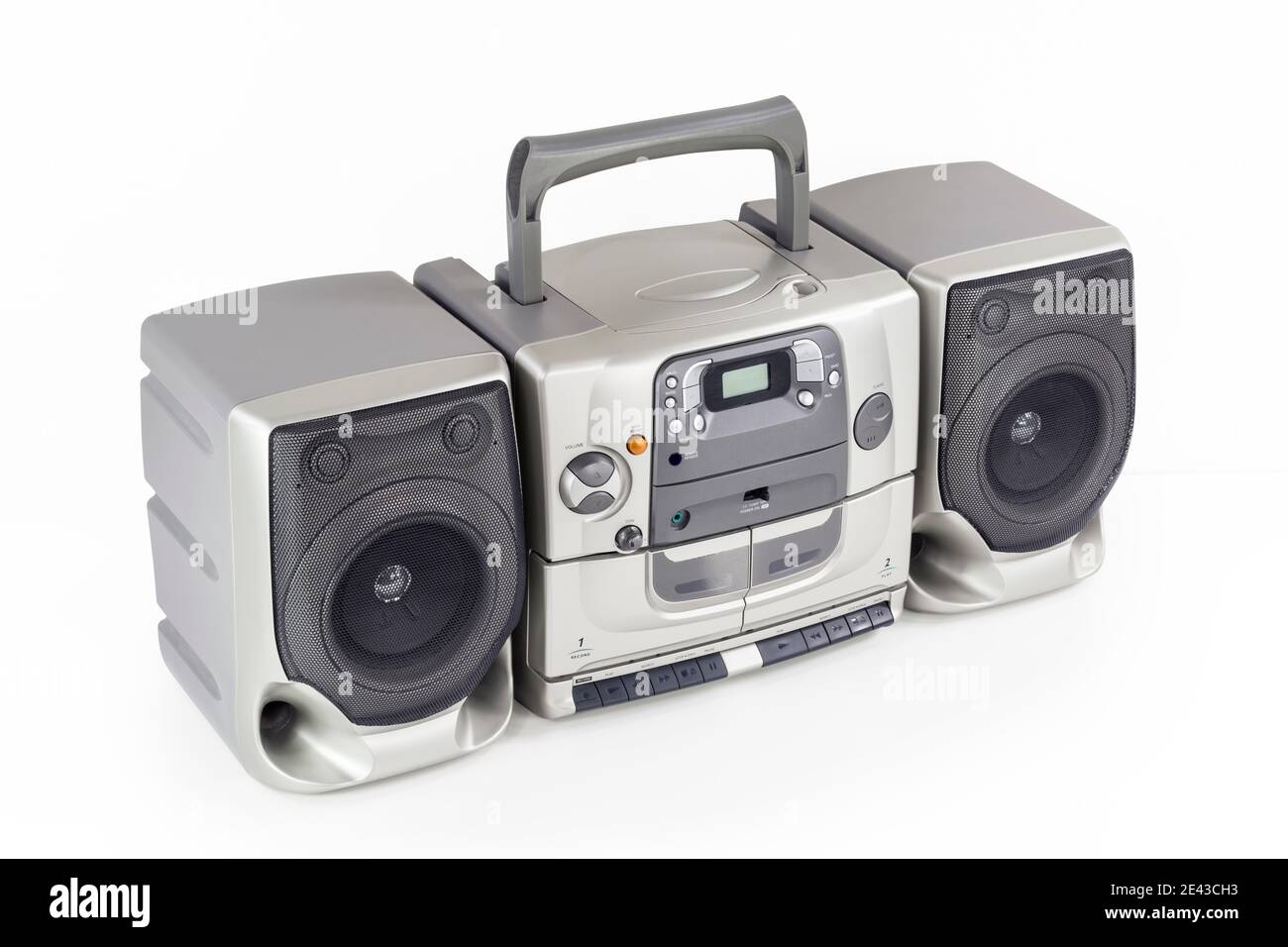 Big boom box vintage portable stereo radio, cd, cassette tape player and recorder on white. Stock Photo