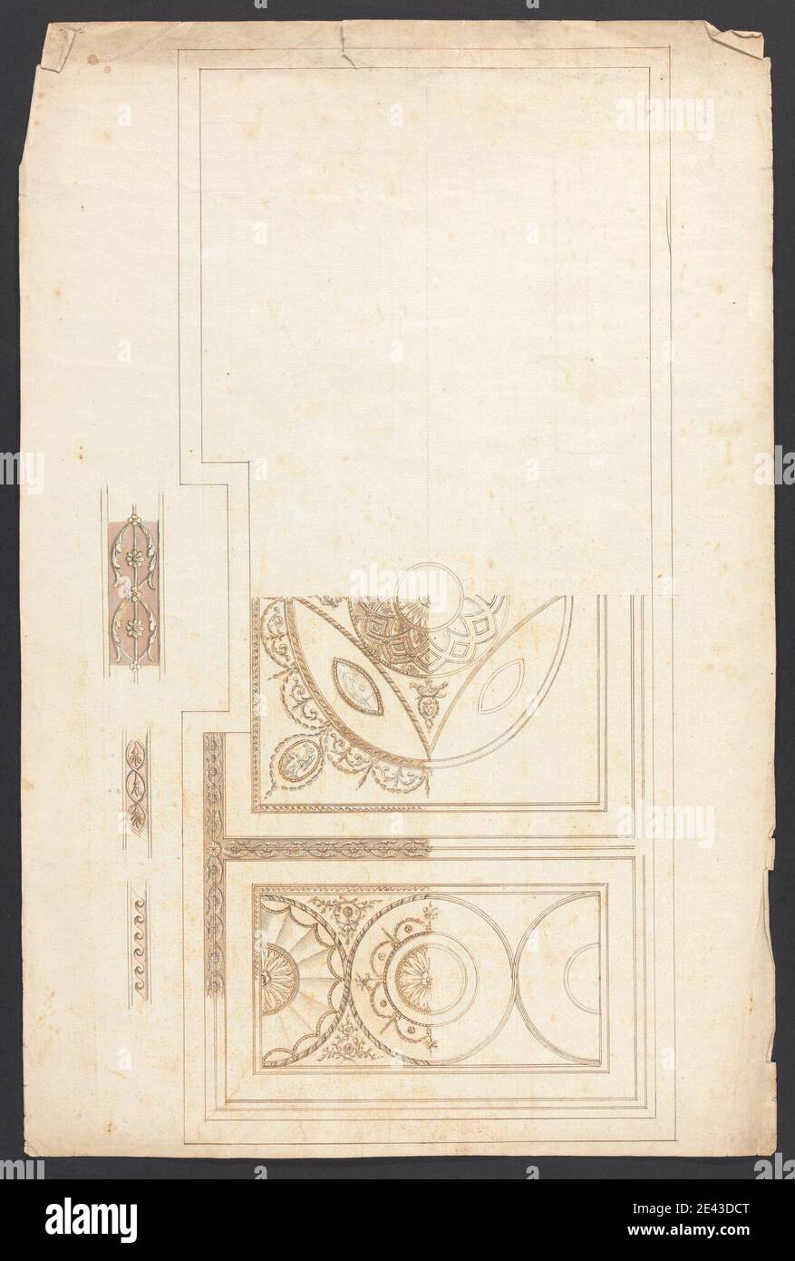 James Wyatt, 1746â€“1813, British, Cobham Hall, Kent: Ceiling Decoration, ca. 1790. Graphite, pen and brown ink and watercolor on moderately thick, moderately textured, cream laid paper.   architectural subject , ceilings , designs , festoons , Neoclassical , roundels. Cobham , Cobham Hall , England , Kent , United Kingdom Stock Photo