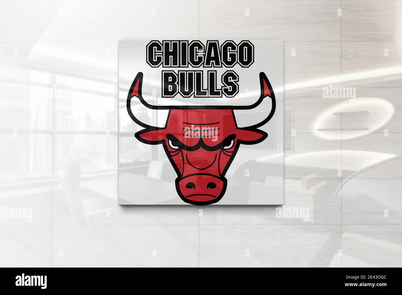 chicago bulls logo on reflective business wall plaque Stock Photo
