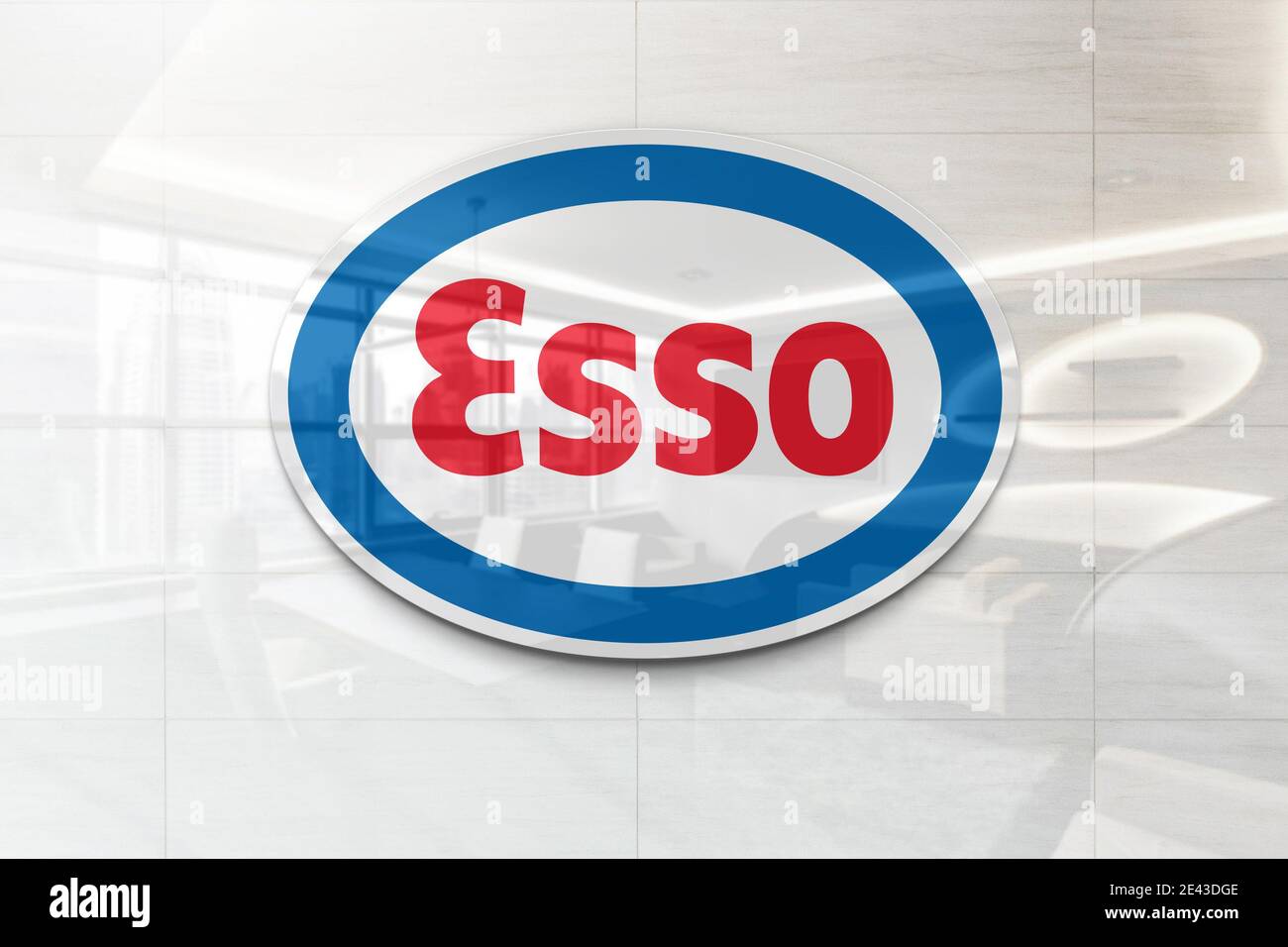 esso logo on reflective business wall plaque Stock Photo