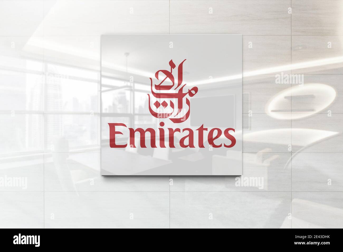 emirates logo on reflective business wall plaque Stock Photo