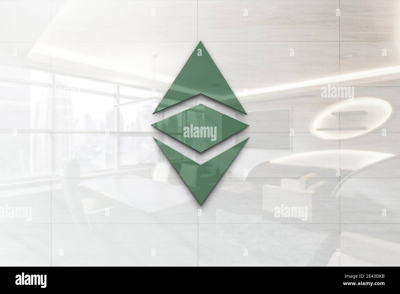 ethereum classic logo on reflective business wall plaque Stock Photo