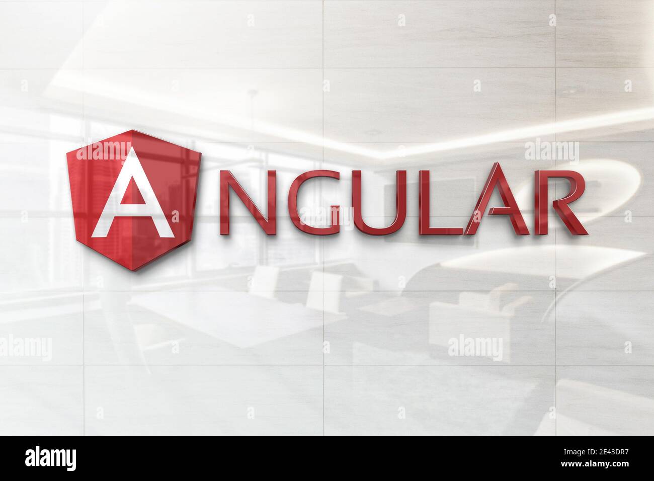 angular logo on reflective business wall plaque Stock Photo - Alamy