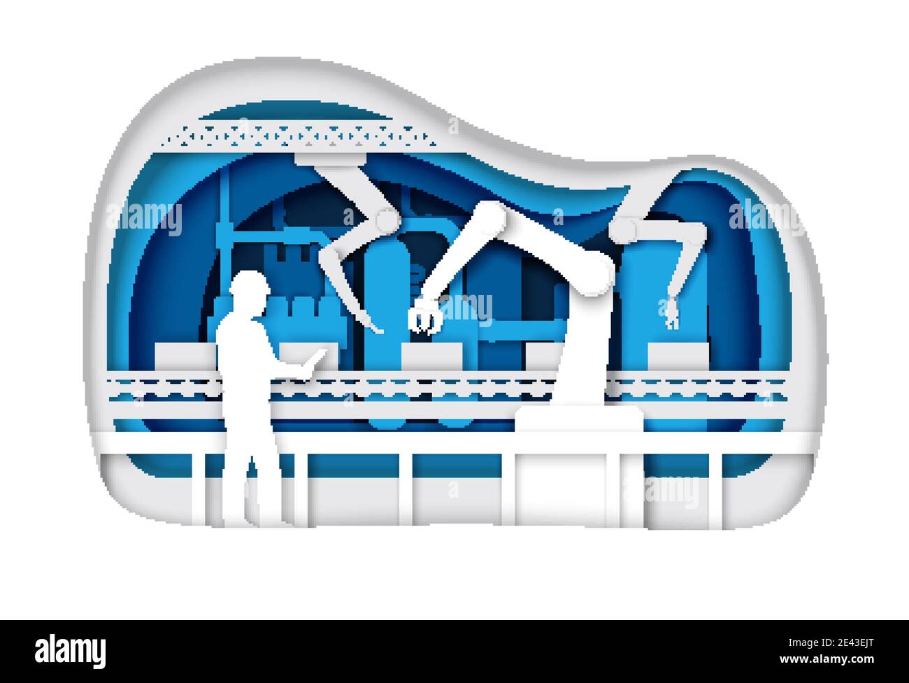 Automatic production conveyor belt with industrial robotic arms, line ...