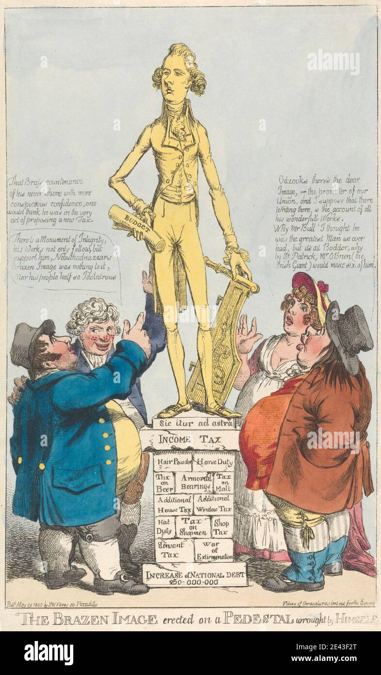 Charles Williams, active 1796â€“1830, British, The Brazen Image Erected on a Pedestal Wrought by Himself, 1802. Etching, hand-colored. Stock Photo