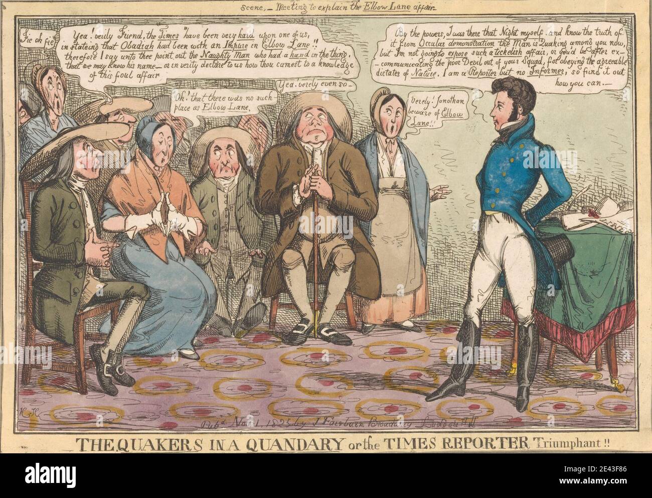 Henry Heath, active 1824â€“1835, British, The Quakers in a Quandary or the Times Reporter Triumphant!!, 1825. Etching, hand-colored. Stock Photo