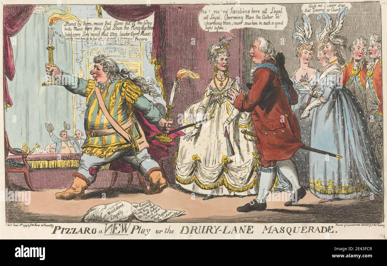 Charles Ansell, ca.1752â€“active 1790, British, Pizzaro a 'New' Play or the Drury Lane Masquerade, 1799. Etching, hand-colored. Stock Photo