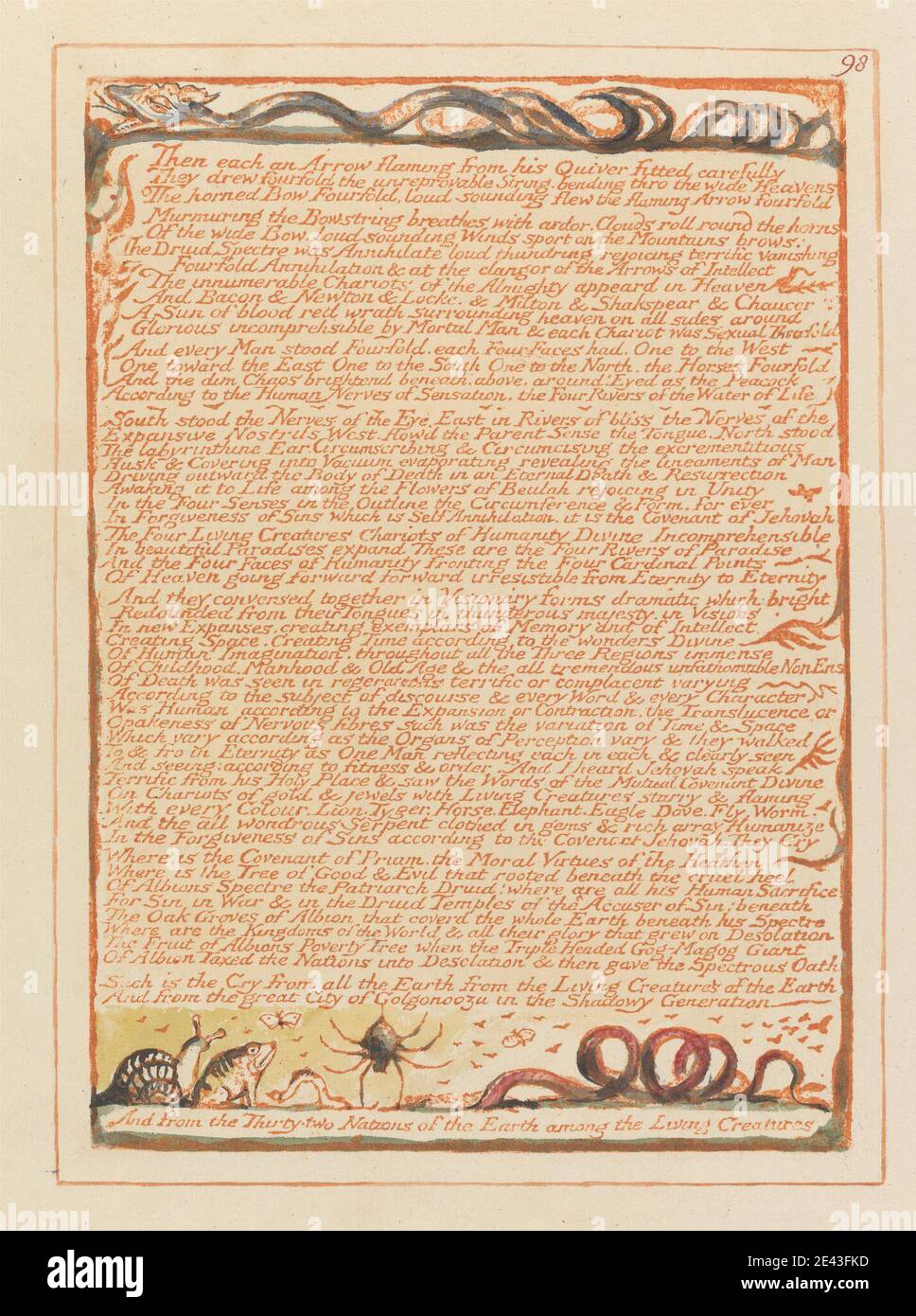 Print made by William Blake, 1757â€“1827, British, Jerusalem, Plate 98, Then each an Arrow flaming...., 1804 to 1820. Relief etching printed in orange with pen and black ink and watercolor on moderately thick, smooth, cream wove paper.   birds , literary theme , religious and mythological subject , serpent , snails , snake , text , vines Stock Photo