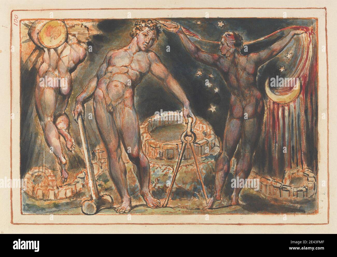 Print made by William Blake, 1757â€“1827, British, Jerusalem, Plate 100, 1804 to 1820. Relief etching printed in orange with pen and black ink, watercolor, and gold on moderately thick, smooth, cream wove paper.   arches , Compass , hammer , literary theme , men , moon , night , nudes , religious and mythological subject , sky , stars , sun , thread Stock Photo