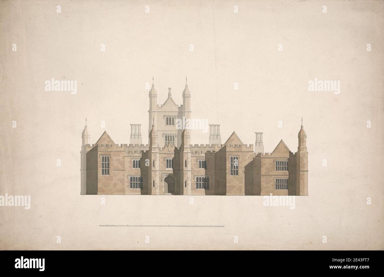 William Wilkins, 1778â€“1839, British, Elevation of a Proposed Design for Cambridge Colleges, undated. Graphite, watercolor, pen and black ink on slightly textured, moderately thick, cream wove paper.   architectural subject Stock Photo