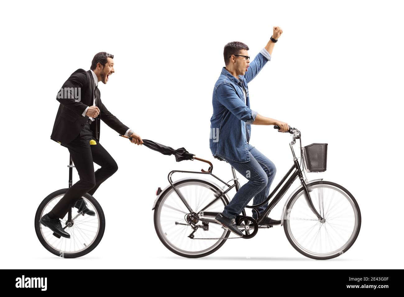 Man on a bicycle pulling another man with a tricycle and umbrella