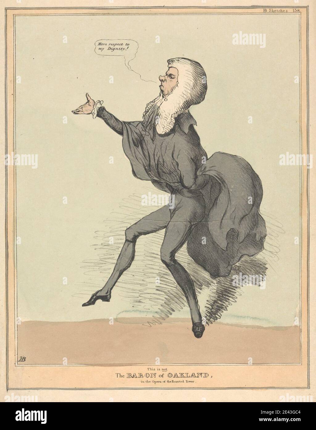 Print made by John Doyle ('H.B.'), 1797â€“1868, Irish, This is NOT the Baron of Oakland, in the Opera of the Haunted Tower, 1831. Lithograph, hand-colored on moderately thick, smooth, beige wove paper.   ballad , baron , caricature , dancing , gesturing , historical subject , opera , parody , play , political , politician , portrait , posing , robes , satire , sketches , stage , The Haunted Tower (1789), ballad opera , theater , wig. Peter, Henry, 1st Baron Brougham and Vaux (1778â€“1868), politician/statesman Baron of Oakland (character in The Haunted Tower, 1789) Stock Photo