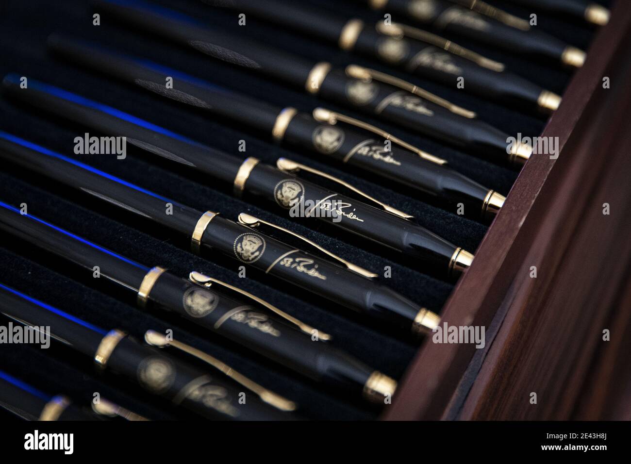 Washington, United States. 21st Jan, 2021. Pens bearing the signature of U.S. President Joe Biden before an event on the Biden administration's Covid-19 response in the State Dining Room of the White House in Washington, DC, U.S., on Thursday, Jan. 21, 2021. Biden in his first full day in office plans to issue a sweeping set of executive orders to tackle the raging Covid-19 pandemic that will rapidly reverse or refashion many of his predecessor's most heavily criticized policies. Photo by Al Drago/UPI Credit: UPI/Alamy Live News Stock Photo