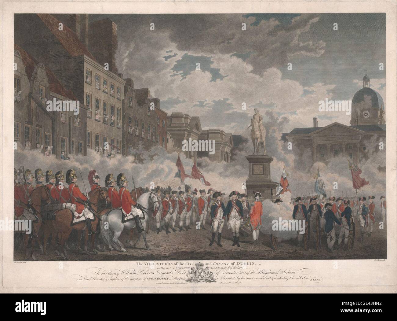 Print made by Joseph Collyer, 1748–1827, British, The Volunteers of the City and County of Dublin, 1784. Etching and engraving, printed in color and hand-colored.   cannons (artillery) , cityscape , historical subject , horses (animals) , military art , smoke , statue. College Green , Dublin , Ireland. Fitzgerald, William Robert, second duke of Leinster (1749–1804), landowner and political reformer Newenham, Sir Edward (1734–1814), politician Princess Yekaterina Romanovna Vorontsova-Dashkova (1743–1810) Dublin Volunteers William III and II (1650–1702), king of England, Scotland, and Ireland, a Stock Photo
