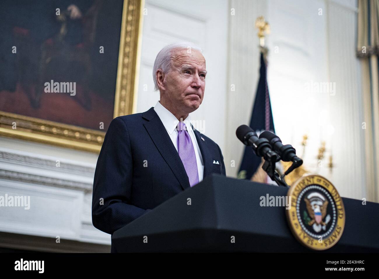 U.S. President Joe Biden speaks on his administrationâÂ€Â™s Covid-19 response in the State Dining Room of the White House in Washington, D.C., U.S., on Thursday, Jan. 21, 2021. Biden in his first full day in office plans to issue a sweeping set of executive orders to tackle the raging Covid-19 pandemic that will rapidly reverse or refashion many of his predecessor's most heavily criticized policies. Photo by Al Drago/Pool/ABACAPRESS.COM Stock Photo