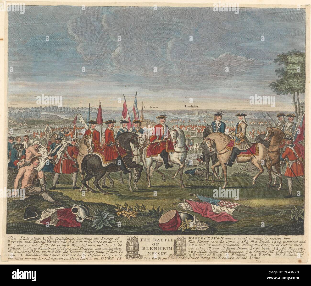 unknown artist, The Battle of Blenheim MDCCIV, Part the Second... Hand-colored engraving on laid paper.   battle , flags , horses (animals) , military art , officers (military officers) , soldiers , wars. Bavaria , Blindheim , Europe , Germany , Swabia Stock Photo