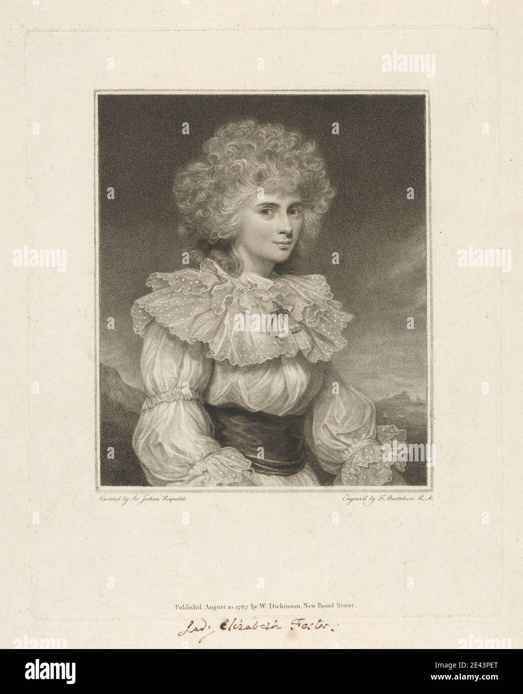 Print made by Francesco Bartolozzi RA, 1728â€“1815, Italian, active in Britain (1764â€“99), Lady Elizabeth Foster, 1787. Etching and stipple engraving on moderately thick, moderately textured, cream laid paper.   bow (costume accessory) , collar , costume , curls , dots , dress (costume) , duchess , frills , lace , nobility , portrait , sash , woman. Cavendish, Elizabeth Christiana, duchess of Devonshire (1757â€“1824), society hostess and patron of the arts Stock Photo