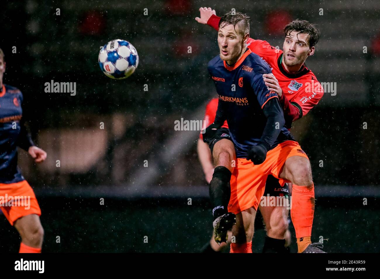 NIJMEGEN, NETHERLANDS - JANUARY 21: (L-R): Sebastian Polter of Fortuna Sittard, Javier Vet of NEC during the Dutch KNVB Cup match between NEC and Fort Stock Photo