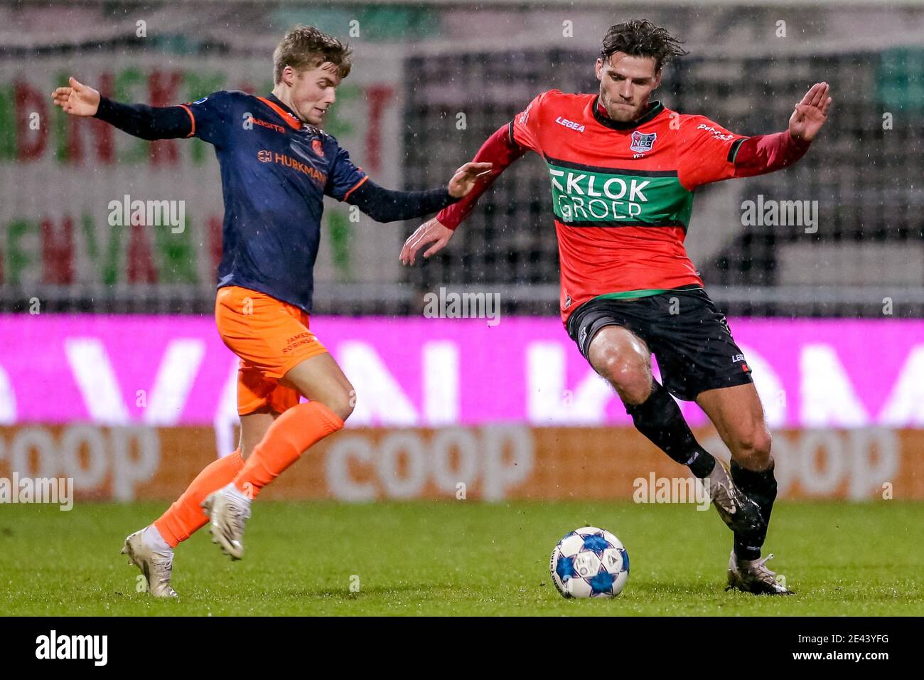 NIJMEGEN, NETHERLANDS - JANUARY 21: (L-R): Emil Hansson of Fortuna Sittard, Javier Vet of NEC during the Dutch KNVB Cup match between NEC and Fortuna Stock Photo